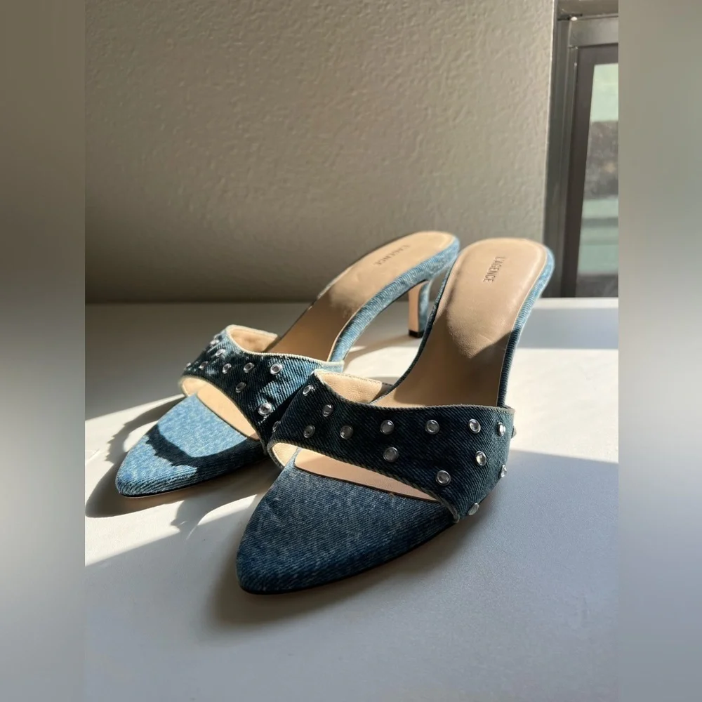 L’Agence Blue Denim Crystal Studded Mule Heels Size 9